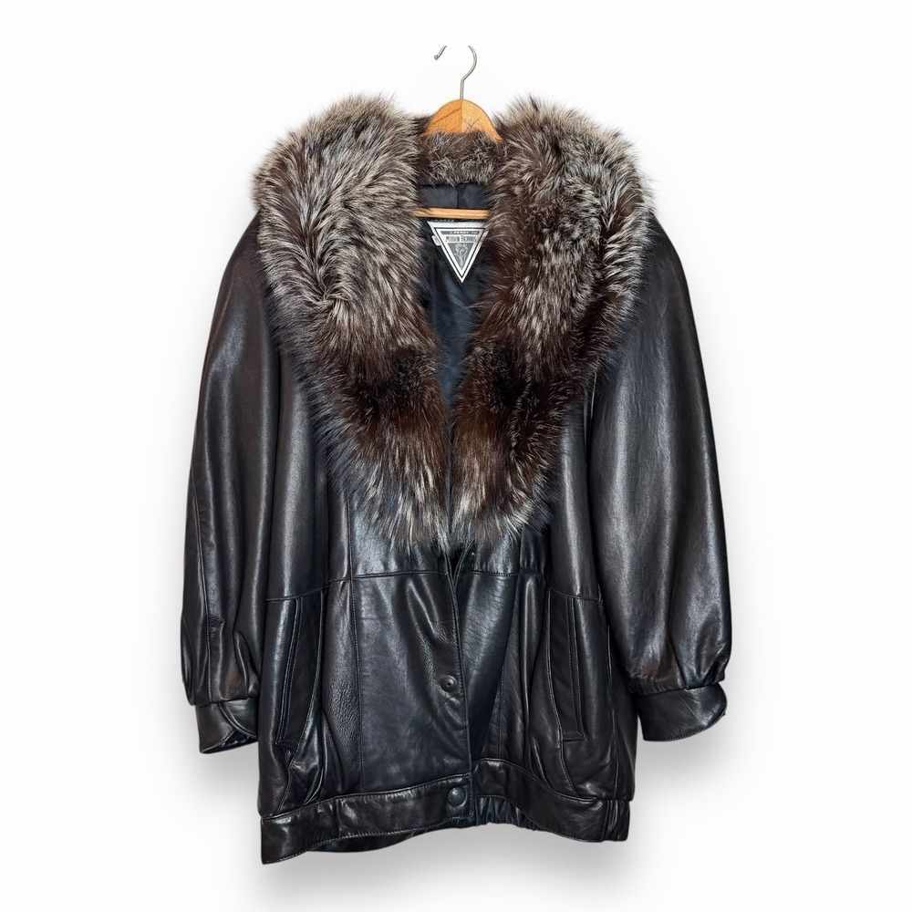 Vtg J Percy Marvin Richards Black Leather Silver Fox Fur Collar Coat ~ Women's L - Picture 2 of 16